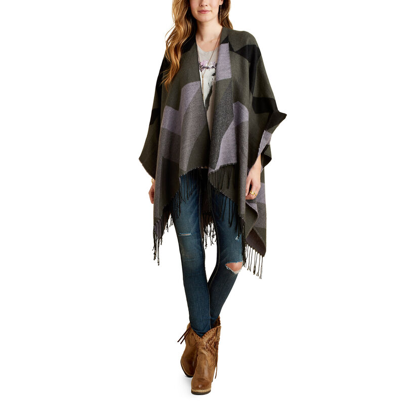 Ariat Western: Printed Fringe Poncho Mujer - Negras (RBSUE4692)